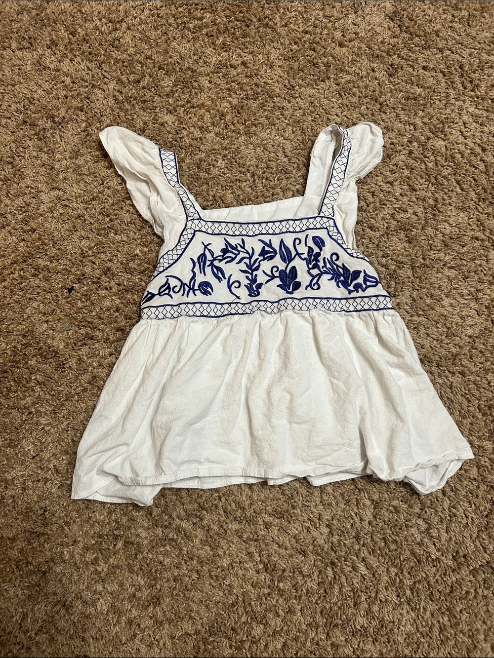 White Tank Top with Blue Floral Embroidery
